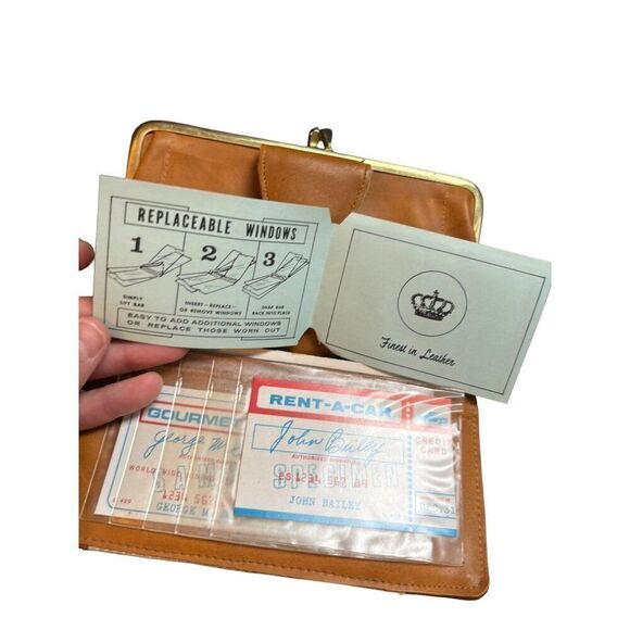 Vintage Brown Leather & Canvas  burlap Clutch Wallet With Snap Closure - Picture 7 of 12